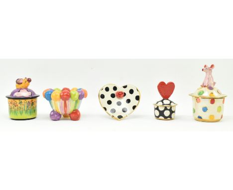 Mary Rose Young - a collection of five vintage early 21st century studio pottery ceramic items. The lot comprising a striped 