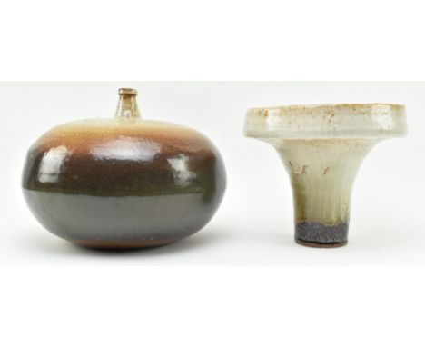 Two vintage mid century studio pottery salt glazed stoneware ceramic vases. The lot comprising a stoneware bulbous vase with 
