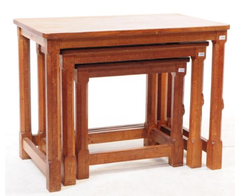 Workshop of Robert Mouseman Thompson, Kilburn - a vintage circa 1920s English oak nest of three tables. Each table with adzed