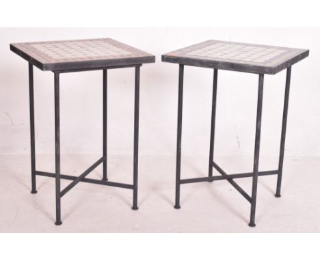 A matched pair of Moroccan vintage mosaic tile top &amp; iron garden conservatory outdoor side occasional tables. Each having