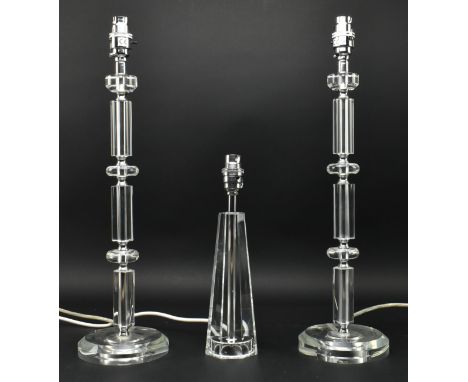 A collection of three contemporary high-end design clear glass &amp; chrome metal desk table lamps lights. The lot to include