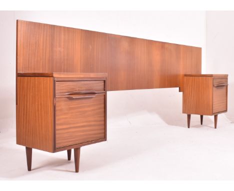 White &amp; Newton - a retro mid 20th century teak headboard. The retangular back board supported by two bedside chests fitte