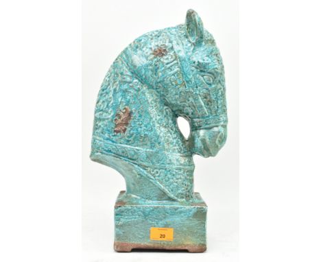 In the manner of Bitossi, Italy - a vintage 20th century tin aquamarine glazed terracotta Etruscan horse head sculpture. The 