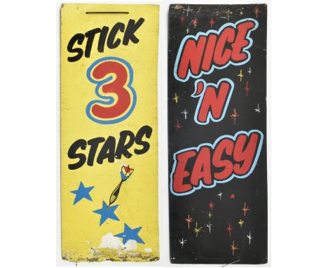 Two vintage funfair / fairground / amusement park hand painted wooden panel signs advertising fair games. The lot comprising 