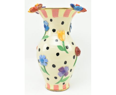 Mary Rose Young - a vintage early 21st century studio pottery ceramic baluster vase. The vase with oversized relief flowers i