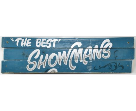 A vintage funfair / fairground / amusement park hand painted wooden panel board sign. The sign with blue painted wooden panel