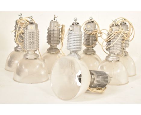 Zumtobel Lighting - a set of eight retro 20th century metal &amp; plastic industrial factory ceiling lights from a Toyota sho