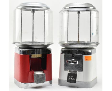 Beaver - Two vintage 20p coin operated red &amp; white sweet shop candy vending machines on stand. Each double confectionary 