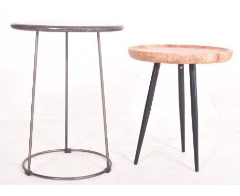 Two contemporary designer side / lamp tables. One by Loaf (The Little Scamp Side Table) having a Terrazzo stone circular top 