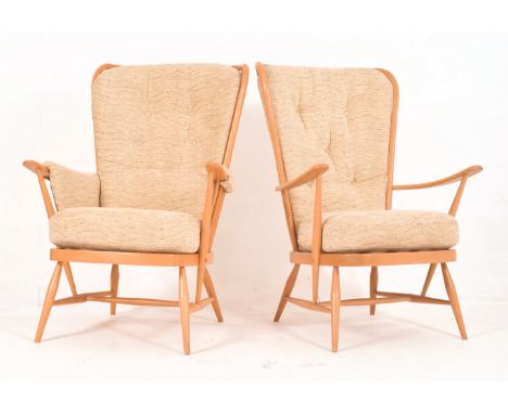 Lucian Ercolani for Ercol - Windsor Model - a pair of retro 20th century beech and elm high back armchairs / easy lounge elbo