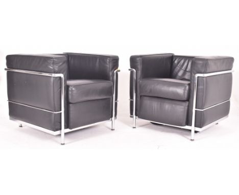 After Le Corbusier - LC2 model - a pair of retro late 20th century leatherette &amp; chrome reception office armchairs / easy