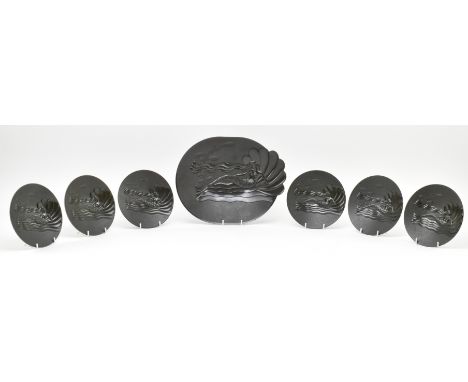 Modern Stylists - a collection of seven mid century vintage plastic plates, including six small plates and an oval shaped pla