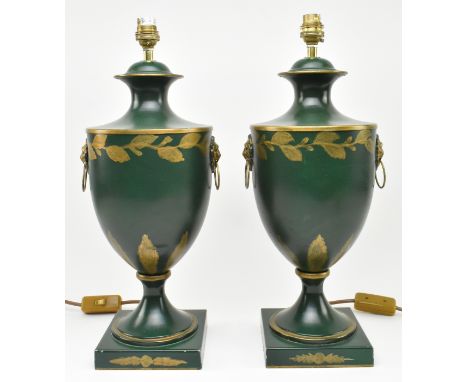 Believed Porta Romana - a pair of contemporary toleware style painted metal urn desk table lamps lights. Each lamp in green c
