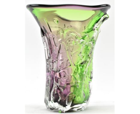 Peter Layton - a vintage studio art glass trailed vase. The vase having a green body with applied decoration in shade of purp