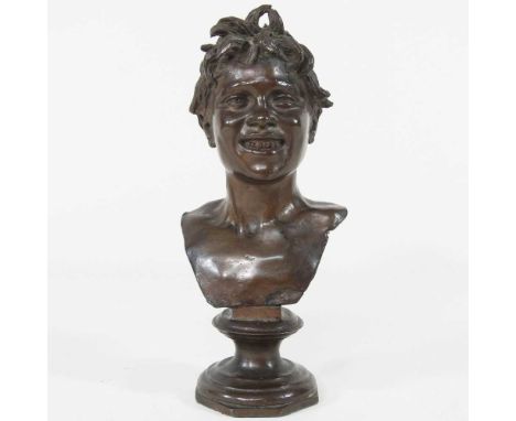 After Vincenzo Gemito, 1852-1929, Testa di Licco, bronze, on a socle base, signed, 16cm high