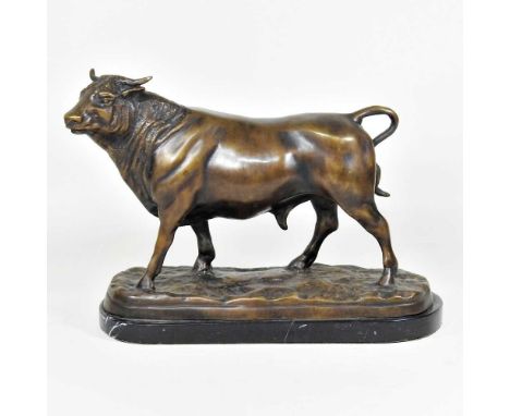A bronze statue of a bull, 20th century, on a black marble base, 36cm long