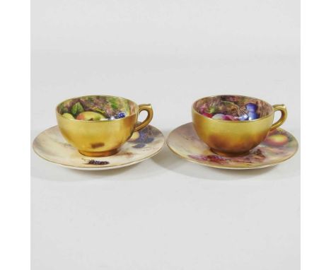 A Royal Worcester porcelain miniature cabinet cup and saucer, painted with fruit by E. Townsend, date code for 1924, printed 