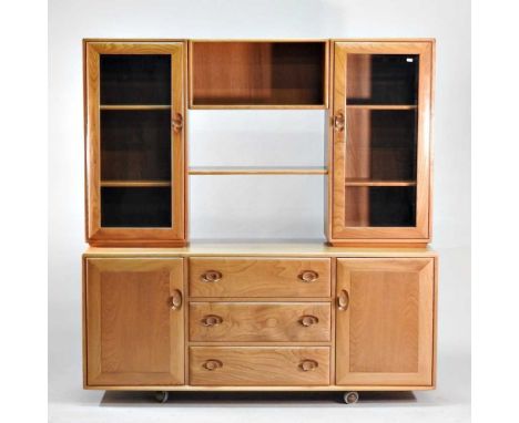 An Ercol Windsor light elm sideboard, with a glazed display upper section156w x 44d x 163h cm