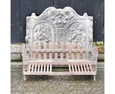 A cast iron fire back, 57cm high, decorated in relief with figures, together with a fire grate (2)