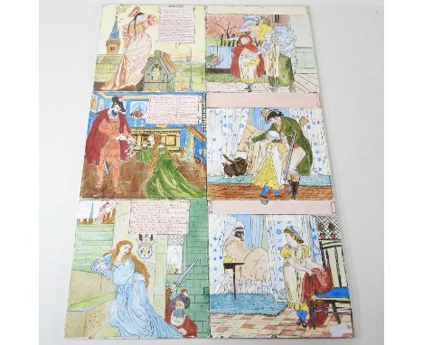 A collection of six 19th century Staffordshire tiles depicting fairy tales, to include Bluebeard by Walter Crane, some signed