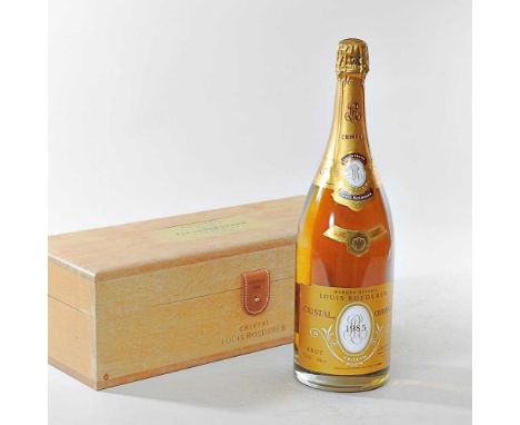 A magnum of Louis Roederer Cristal Marque Déposée champagne, vintage 1985, 1.5l, in a light oak presentation box