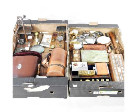 A leather travel case, containing three flasks, together with a collection of items to include binoculars and scales
