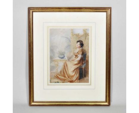 Mary Alexandra Wardlow, 1886-1914, a portrait of a lady seated in an interior, watercolour, 24 x 17cm