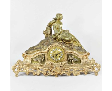 A late 19th century continental gilt metal figural mantel clock, 36cm high 
