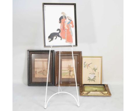 A metal easel, 115cm high, together with a collection of pictures and prints