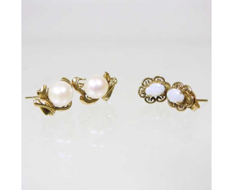 A pair of 9 carat gold opal earrings, within a pierced surround, 1.4g, 1cm wide, together with a pair of pearl earrings, unma