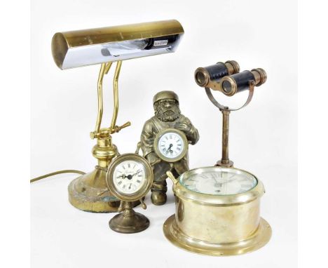 A brass cased ship's clock, 20cm wide, together with a brass desk lamp and other items