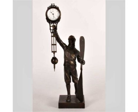 A modern bronze figural mystery clock, in the form of Second World War pilot, 31cm high