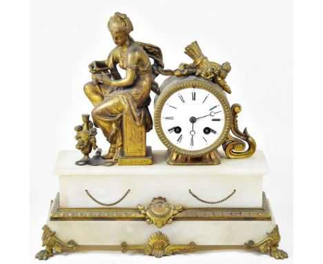 A late 19th century French gilt metal figural mantel clock, on an alabaster base, 31cm high