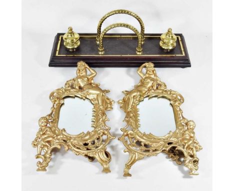 A pair of gilt metal framed easel mirrors, each 35 x 19cm, together with a desk stand (3)