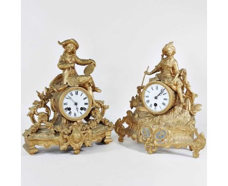 A 19th century continental gilt spelter figural mantel clock, 32cm high, together with another similar (2)
