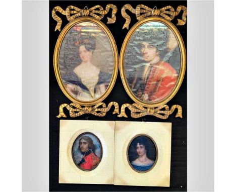 A pair of reproduction portrait miniatures, each in a gilt frame, each 23 x 14cm, together with another pair, each 14 x 12cm 