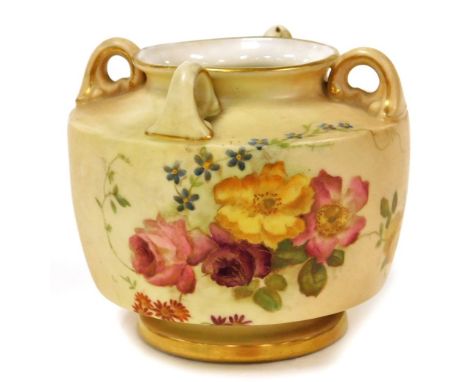 A Royal Worcester blush ivory pot pourri jar, decorated with pink and blue sprays of flowers, and roses, with purple Royal Wo