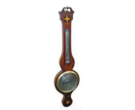 A late 19thC mahogany inlaid wheel barometer, with silvered dial, with brass surround and marquetry star to base and top, 98c