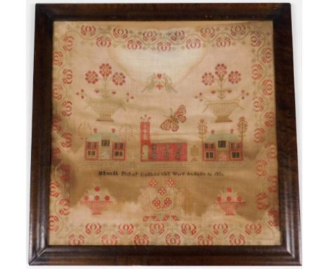 A mid 19thC framed needlework sampler, Hannah Pickup Finish This Work August 10 1850, depicting cottages and flowers, framed,