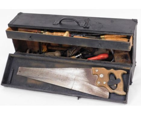 A black carpenters carrying toolbox and contents, comprising chisels, saws, planes, etc. 
