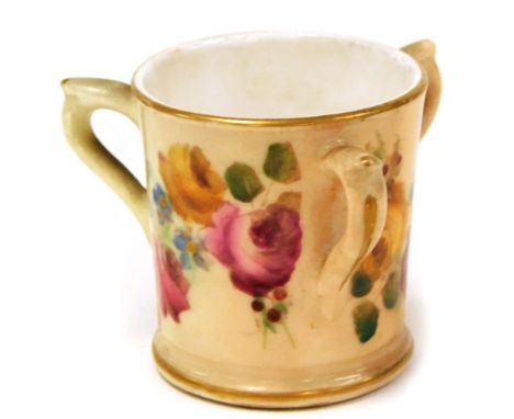 A Royal Worcester blush ivory miniature tyg, with decoration of flowers and roses, with Royal Worcester green stamp to unders