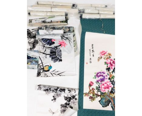 A group of Chinese rice paper scroll paintings. 