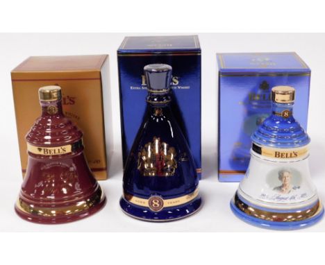 Three Bells Scotch Whisky decanters, comprising August 4th Celebration of 100 years of Queen Elizabeth the Queen Mother decan