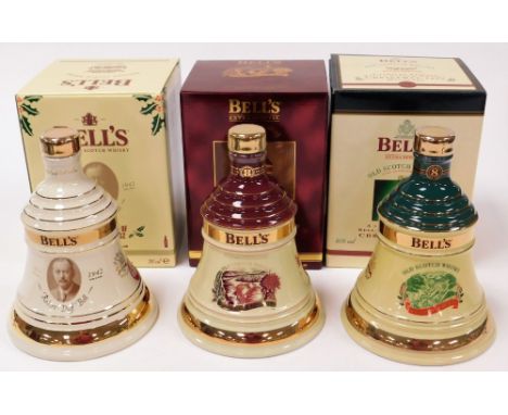 Three Bells Scotch Whisky decanters, comprising Christmas decanter 1998, In Celebration of Christmas 2012 and Christmas decan