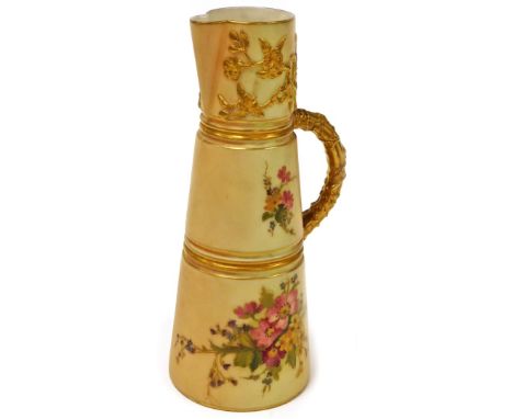 A Royal Worcester blush ivory jug, decorated with sprays of flowers, and a gilt handle, with purple Royal Worcester stamped u