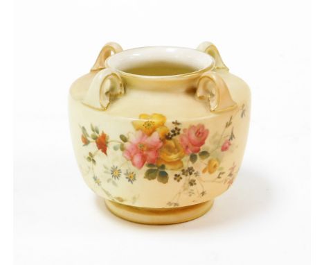 A Royal Worcester blush ivory pot pourri jar, decorated with pink and blue sprays of flowers, and roses, with cover picked ou