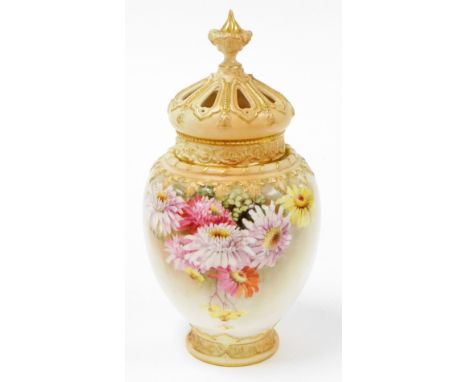 A Royal Worcester blush ivory pot pourri jar and cover, with decoration of pink and yellow peonies signed W Ricketts, the pie