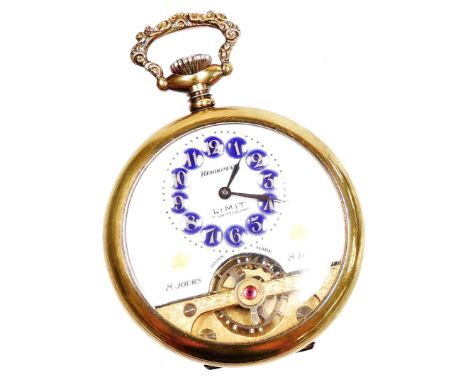 A Hebdomas Limited Switzerland pocket watch, with white enamel dial with numbers raised in blue and gilt decoration with a pa