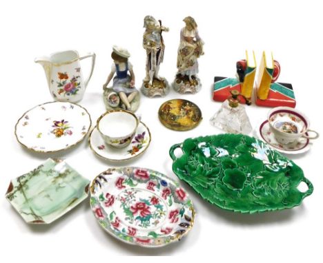 A group of various ceramics, to include a gilt and enamel perfume bottle, a pair of Art Deco style French book ends, a Lladro