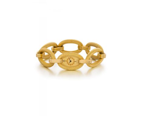 JAEGER LECOULTRESchmuckuhr. Herkunft: Schweiz, Le Sentier. Werk: Handaufzug, Cal. K040. Gehäuse/Armband: 750/- Gelbgold, Glie